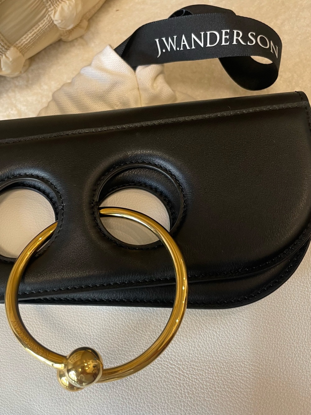 JW ANDERSON Authentic Pierce Black and White Leather Shoulder Bag with Gold Ring - Picture 8 of 13